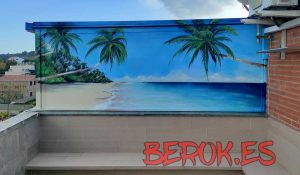 decoracion pintura mural playa palmeras balcon patio
